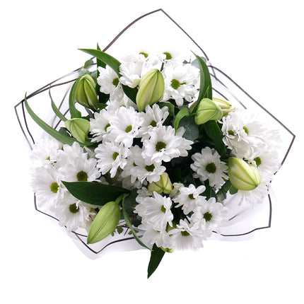 Smútočná kytica biele chryzantémy a ľalie