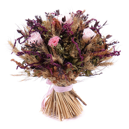 Irigo sušená kytica preparované ruže Monalisa pink a preparované karafiáty