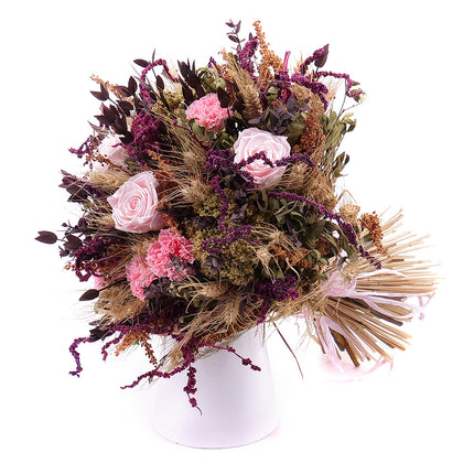 Irigo sušená kytica preparované ruže Monalisa pink a preparované karafiáty