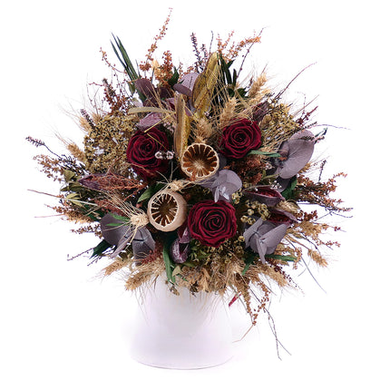 Irigo sušená kytica preparované ruže Monalisa burgundy srdiečka