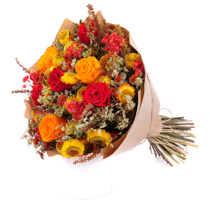 Irigo sušená kytica preparované červené a oranžové ruže