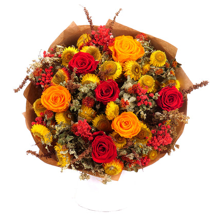 Irigo sušená kytica preparované červené a oranžové ruže