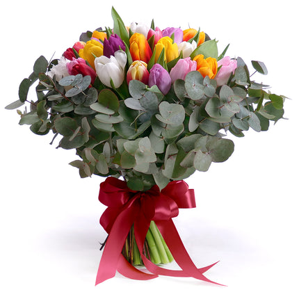 Kytica farebné tulipány eukalyptus