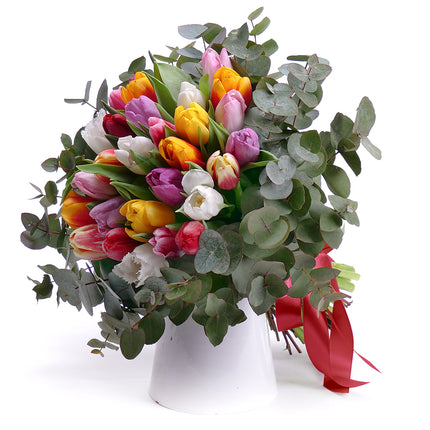 Kytica farebné tulipány eukalyptus