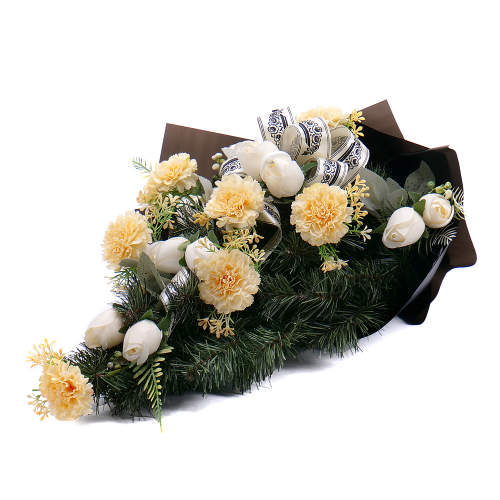 Irigo smútočná kytica žlto-biele karafiáty a ruže