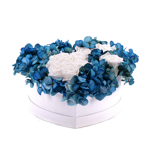 In eterno biele srdce "L" biele ruže a modrá hortenzia