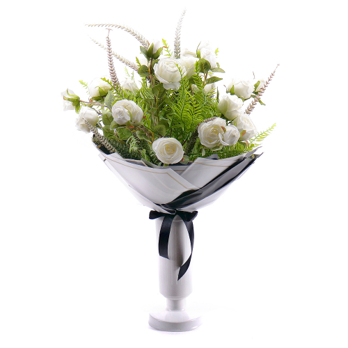 Irigo smútočná kytica biele kvety s vázou