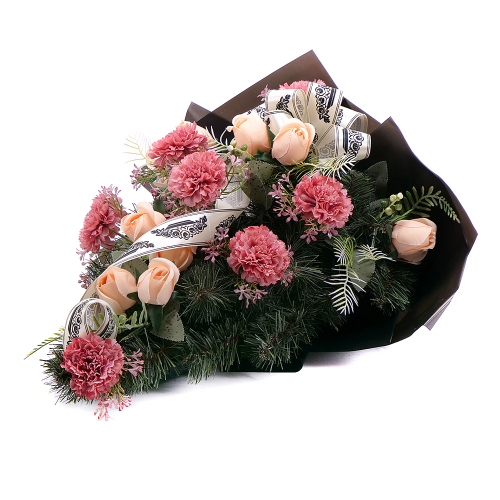 Irigo smútočná kytica ružovo-marhuľové karafiáty a ruže
