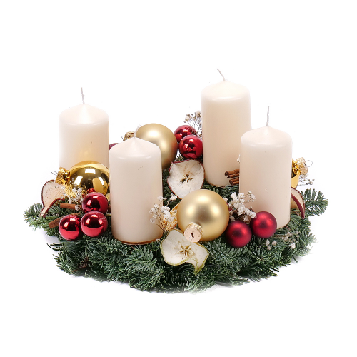 Adventný veniec zo živej čačiny červeno-zlatý