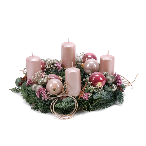 Adventný veniec zo živej čačiny ružový