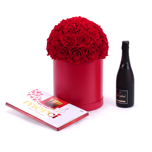 In eterno okrúhly červený box 26 červených ruží, Merci a Freixenet