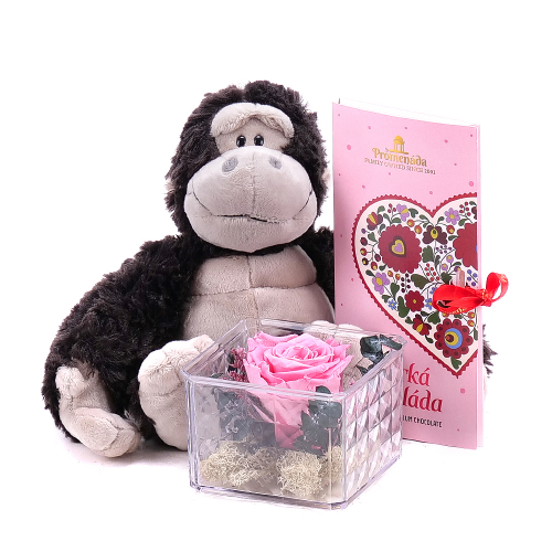Darčekový set In eterno ružová ruža, čokoláda a plyšová opička