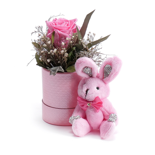 In eterno ružový okrúhly box ružová ruža a kľúčenka zajačik