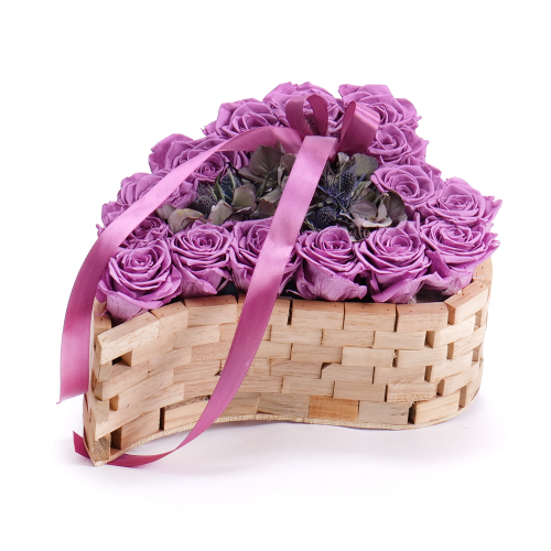 In eterno drevený box srdce 15 fialových ruží hortenzia