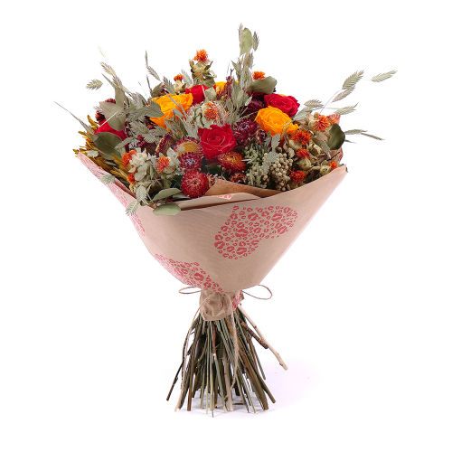 Irigo sušená kytica preparované červené a oranžové ruže