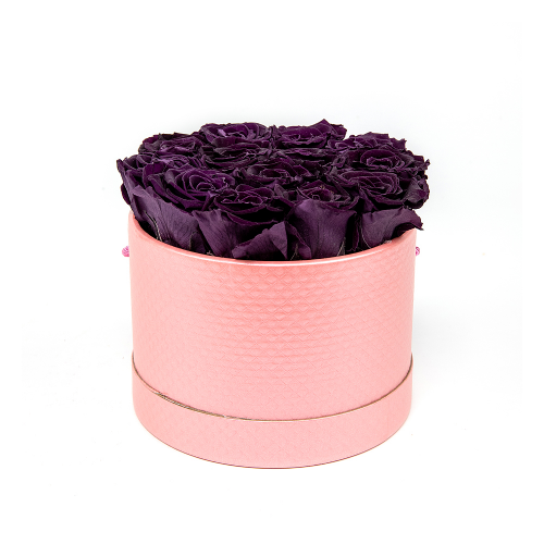 In eterno ružový okrúhly box "L" 13 fialových ruží
