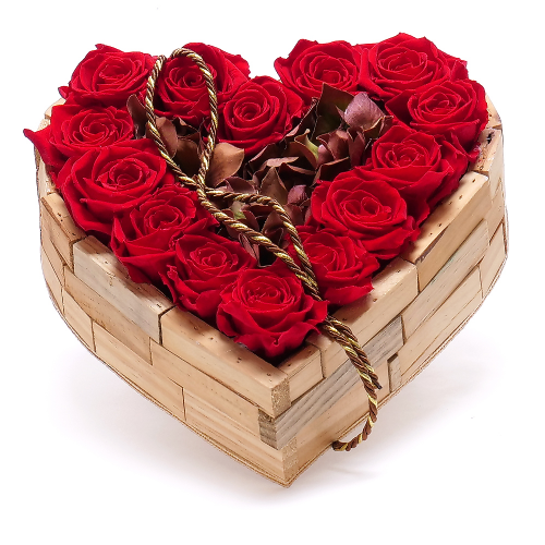 In eterno drevený box srdce červené ruže hortenzia