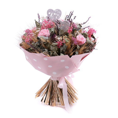 Irigo sušená kytica preparované ruže Monalisa baby pink