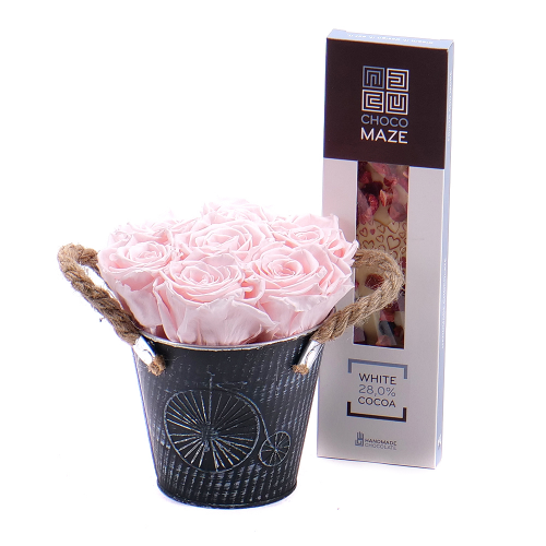 In eterno plechový box 7 ruží pink champagne a čokoláda