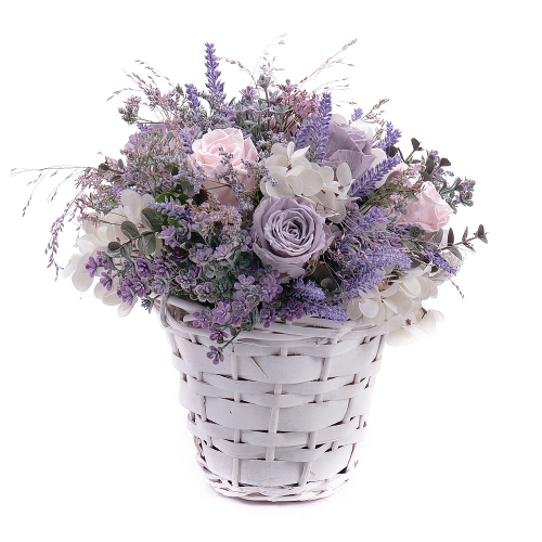 Irigo prútený košík "S" fialové kvety a In eterno ruže