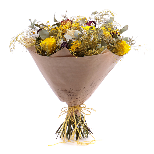 Irigo sušená kytica preparované ruže Monalisa žlté