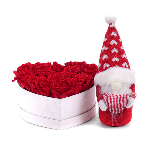 In eterno biele srdce "M" 15 červených ruží s červeným trpaslíkom