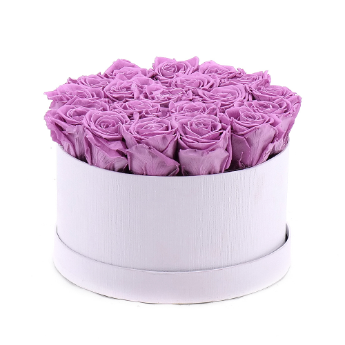 In eterno biely okrúhly box  "L" 19 fialových ruží