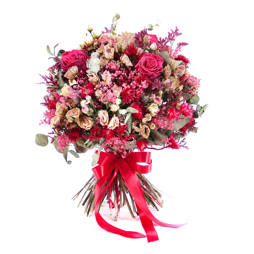 Irigo sušená kytica trsové ruže a preparované ruže pink framboise a slamienka