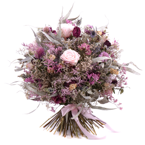 Irigo sušená kytica bordové trsové ruže a preparované ružové ruže