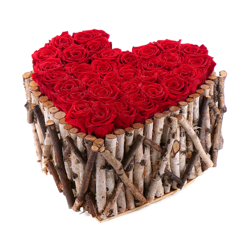 In eterno drevený box srdce 32 červených ruží