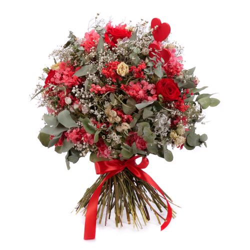 Irigo sušená kytica trsové ruže a preparované červené ruže srdiečka