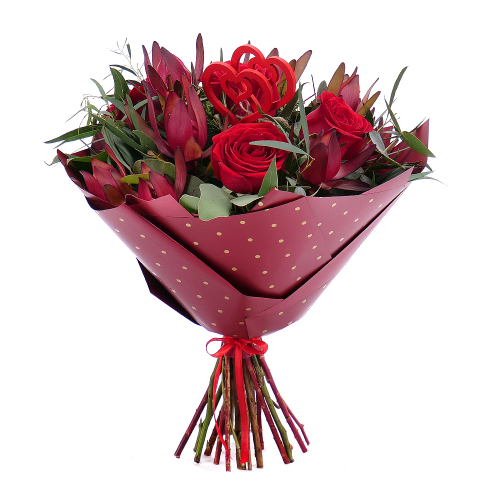 FLOLIVERY Sweet červené ruže leucadendron