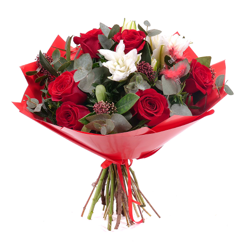 Sweet červené ruže, ľalia a skimmia