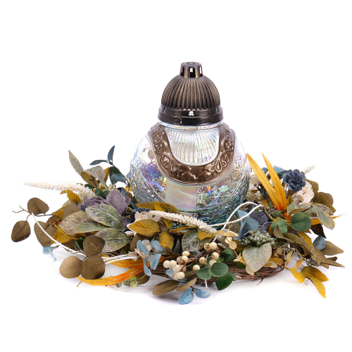 Irigo smútočný veniec sklenený kahanec modré kvety