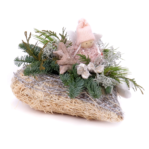 Vianočný aranžmán prútené srdce ružový anjel