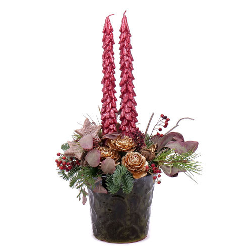 Vianočný aranžmán bordové sviečky stromčeky