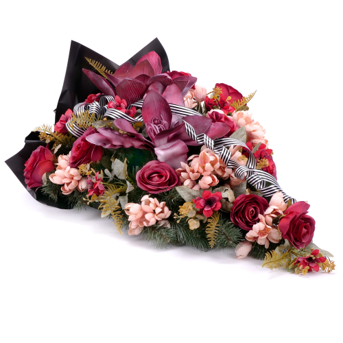 Irigo smútočná kytica penová magnólia bordové ruže a marhuľové kvety 