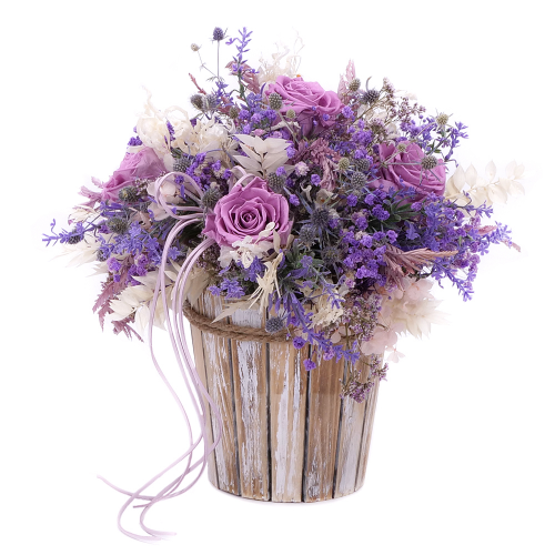 Irigo drevený box preparované ruže Monalisa Lilac, levanduľa a hortenzia