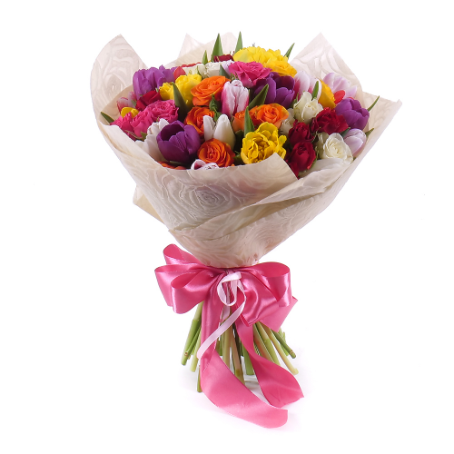 Sweet farebné tulipány a trsové ruže
