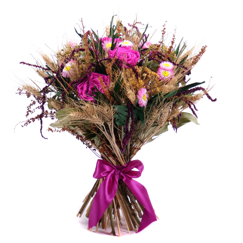 Irigo sušená kytica preparované cyklamenové ruže a slamienky