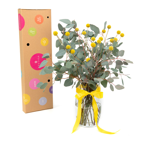 DIY kytica žltá craspedia a eucalyptus Populus do vázy