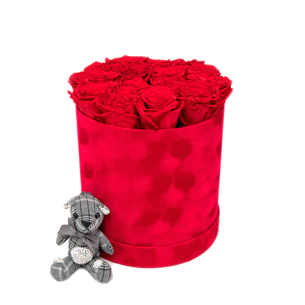 E-shop In eterno červený zamatový okrúhly box "L" 15 červených ruží s príveskom macko