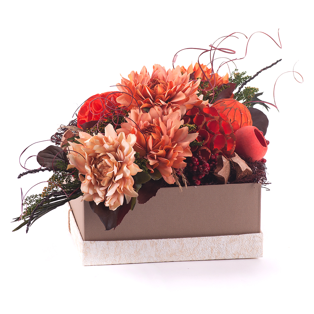 Irigo hnedý  flower box kocka "L" oranžové kvety a latabally