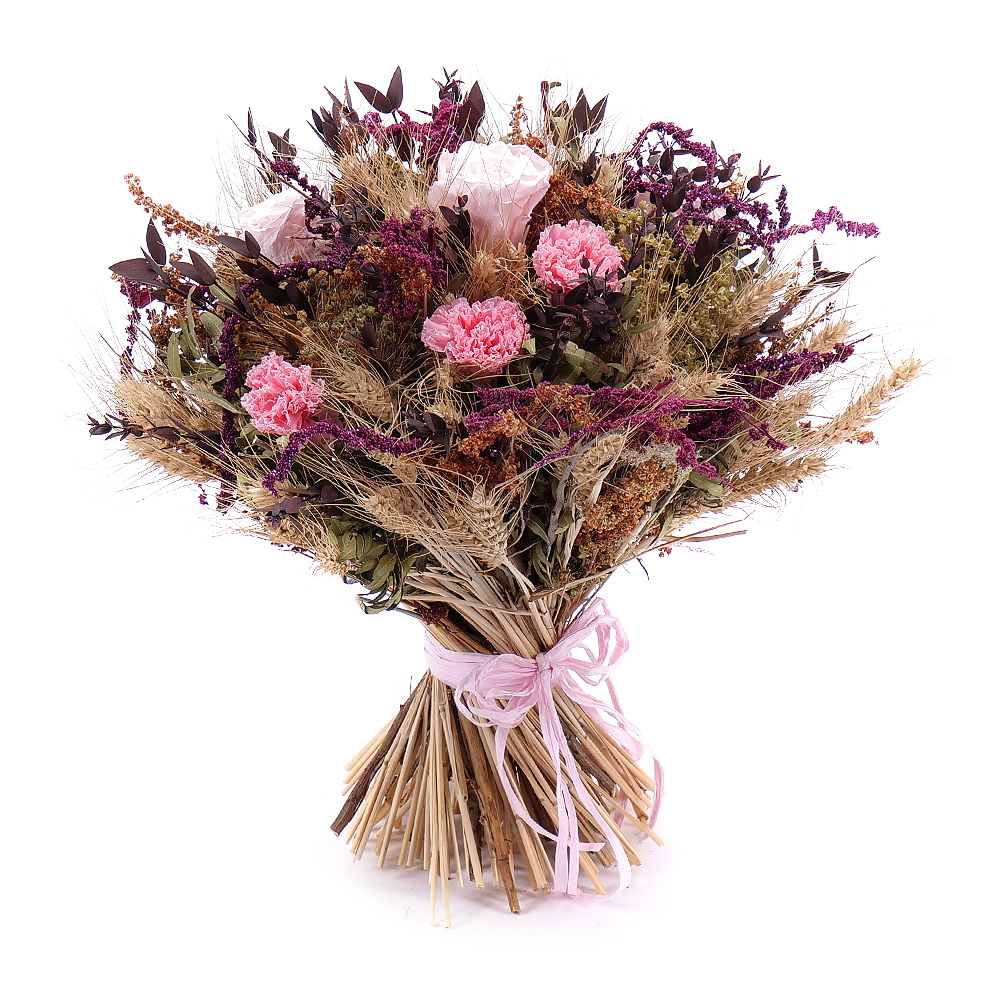 E-shop Irigo sušená kytica preparované ruže Monalisa pink a preparované karafiáty