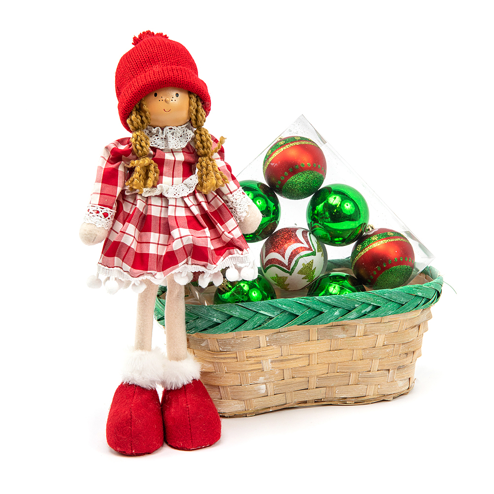 Darčekový košík dievčatko s vianočnými ozdobami