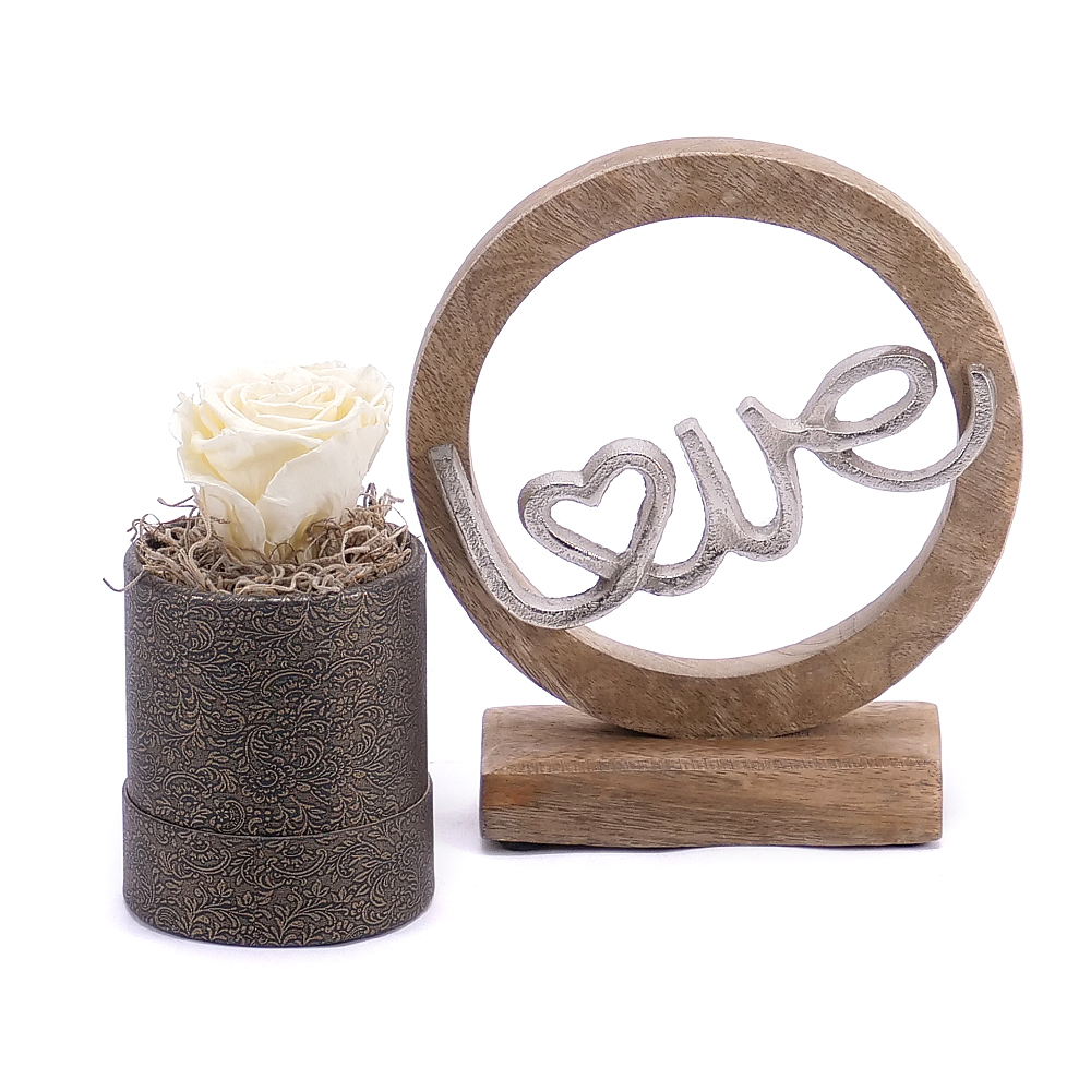 E-shop Darčekový set drevená dekorácia Love a In eterno preparovaná ruža