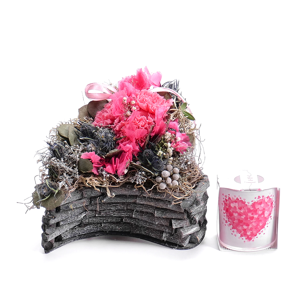 E-shop In eterno drevený box srdce ružové karafiáty, hortenzia a sviečka