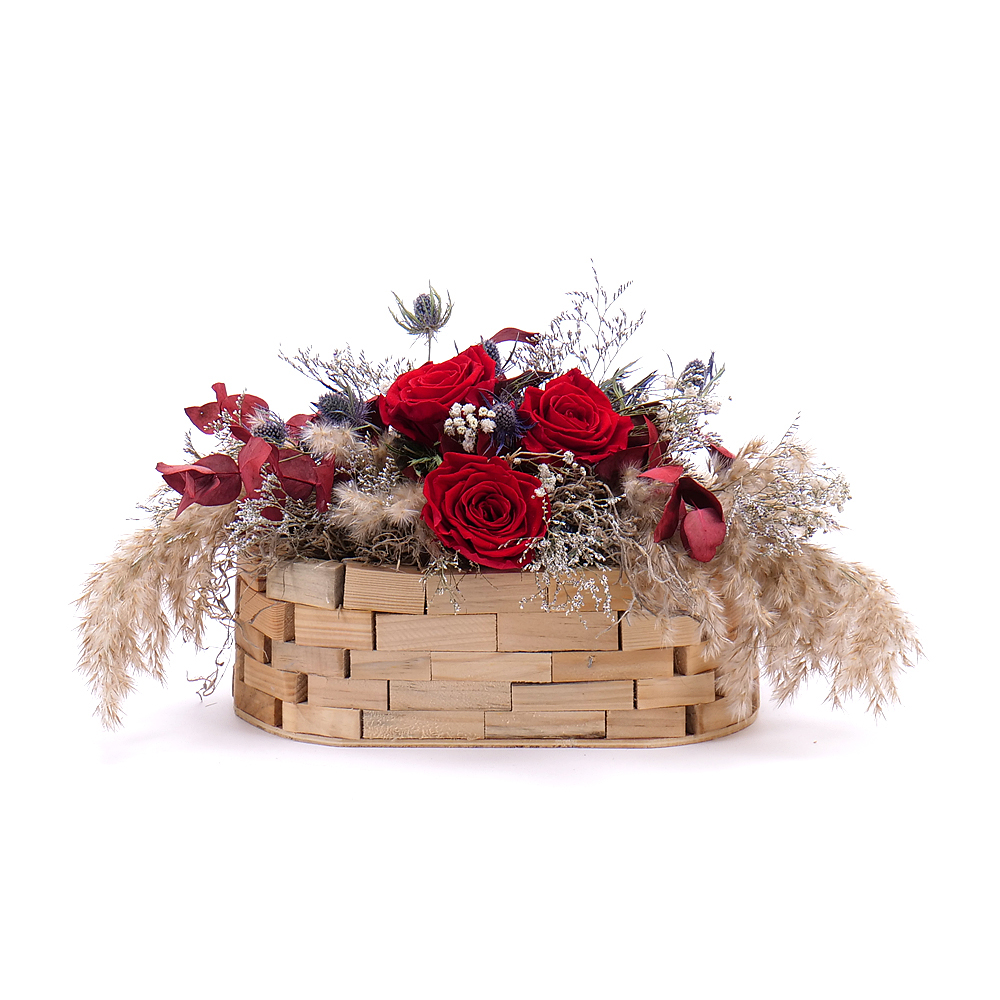 In eterno drevený box ovál červené ruže cortaderia