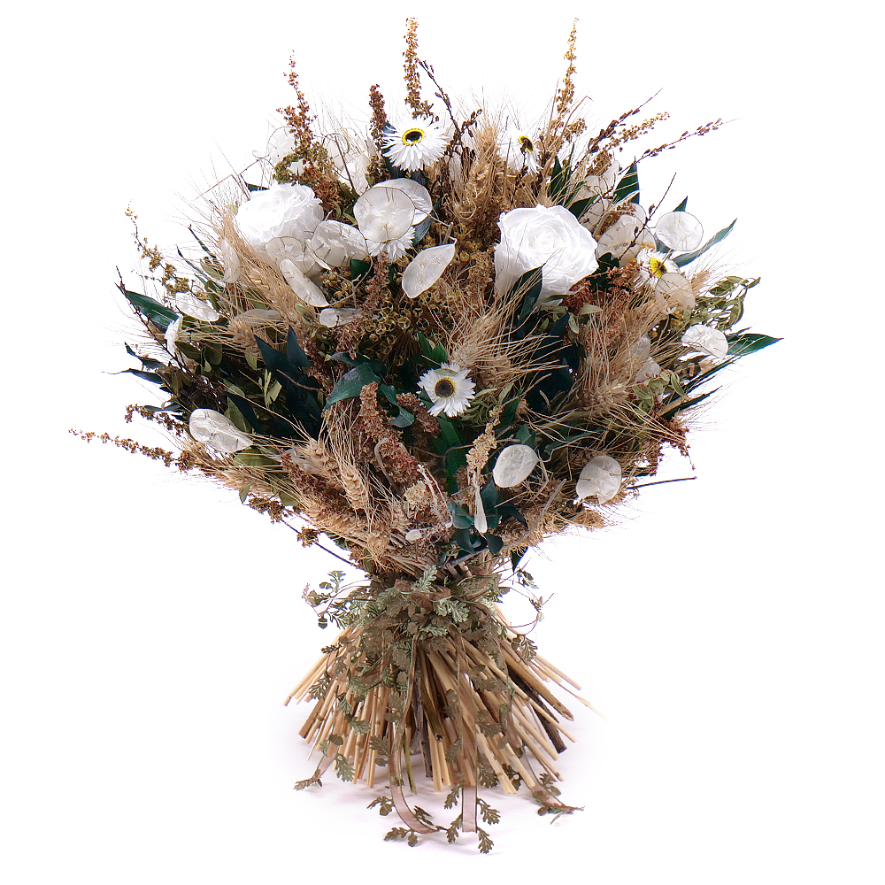 Irigo sušená kytica preparované biele ruže a slamienky