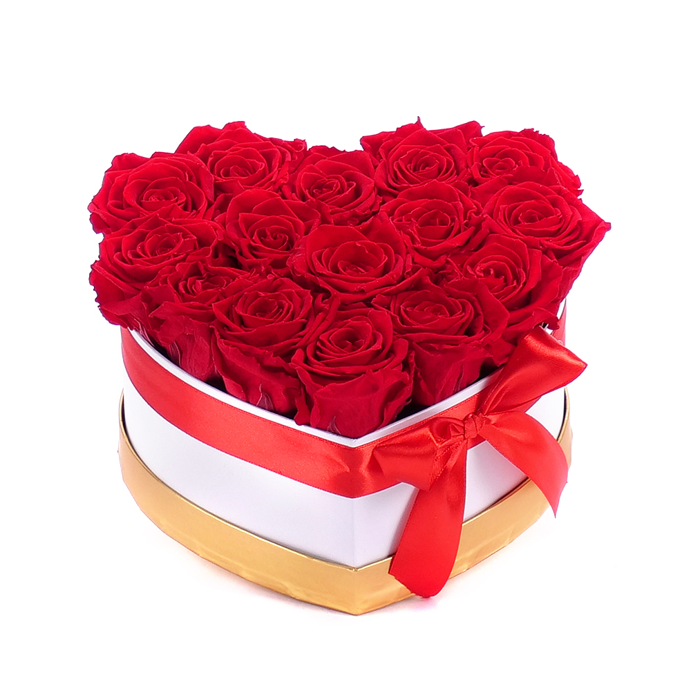 E-shop In eterno biele srdce "M" 15 červených ruží